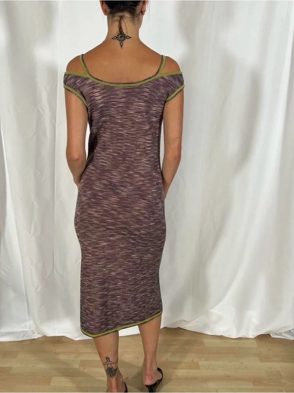 Missoni Off-Shoulder Space-Dye Midi Dress in Purple with Olive Trim - Picture 4 of 7